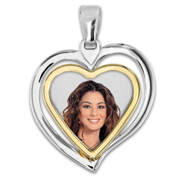 Medaglia foto personalizzabile 2 soggetti mod. CCD3 oro giallo e bianco 18kt cuore grande