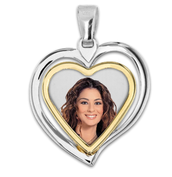 Medaglia foto personalizzabile mod. CCD1 oro giallo e bianco 18kt cuore piccolo
