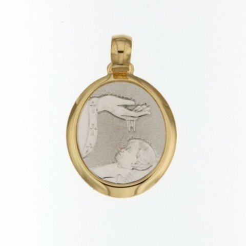 Medaglia ovale con Fonte Battesimale in oro giallo e bianco 18kt