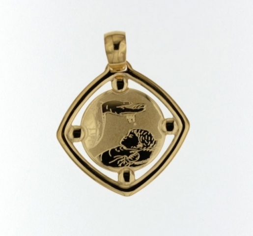 Medaglia romboidale traforata con Fonte Battesimale in oro giallo 18kt