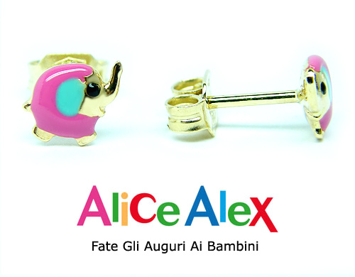 Orecchini Elefantino in oro giallo 18kt e smalto a fuoco firmati AliceAlex