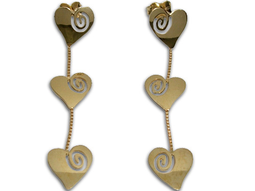 Orecchini lunghi con cuori in oro giallo 18kt