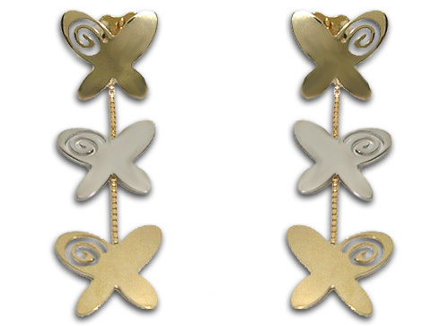 Orecchini lunghi con farfalle in oro giallo e bianco 18kt