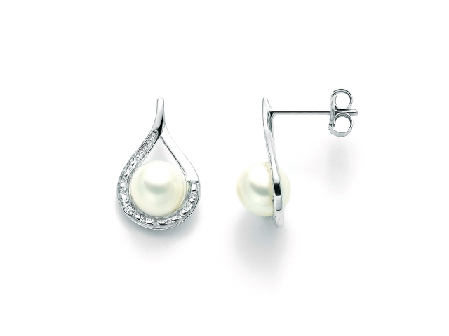 MLUNA - 9K White Gold, White Pearl and Diamonds Earrings