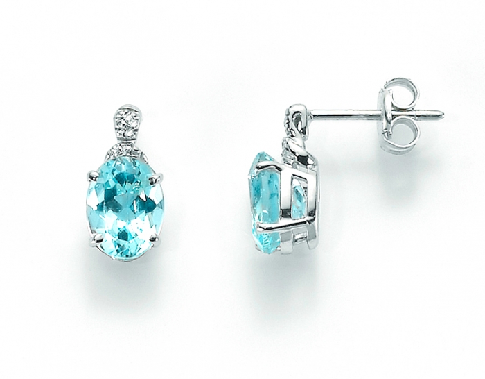 9K White Gold, blue Topaz Diamonds Earrings
