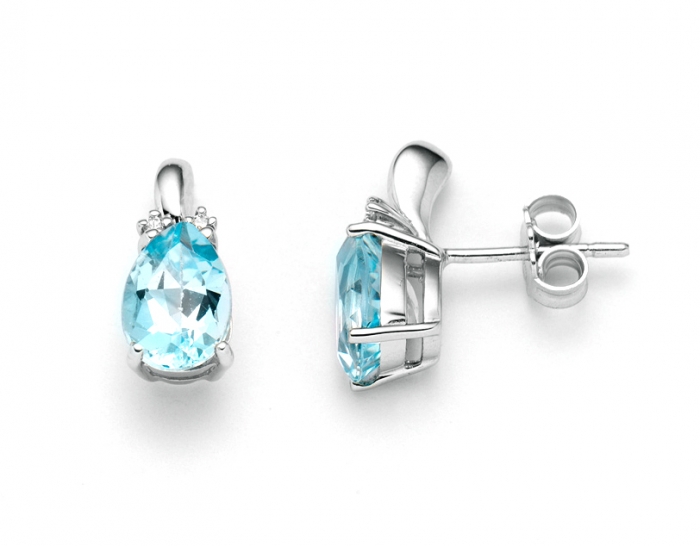 9K White Gold, blue Topaz Diamonds Earrings