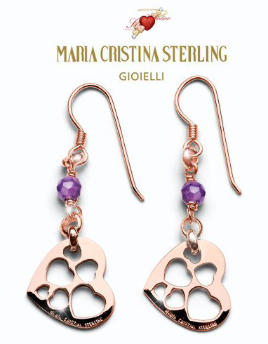 Orecchini pendenti con cuori in argento rosa 925 e ametista firmati Maria Cristina Sterling