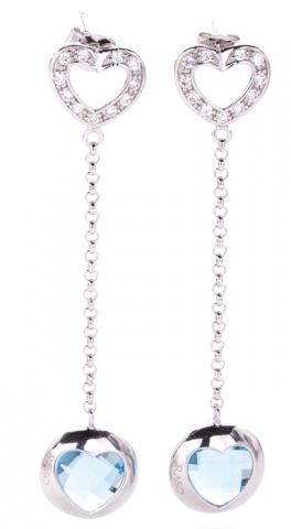 Orecchini pendenti in bronzo bagnato in oro bianco 18kt con pietra acquamarina e zirconi