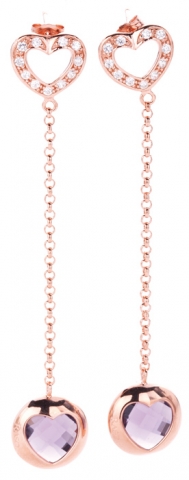 Orecchini pendenti in bronzo bagnato in oro rosa 18kt con pietra ametista e zirconi