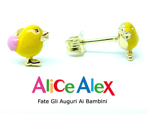 Orecchini Pulcino in oro giallo 18kt e smalto a fuoco firmati AliceAlex