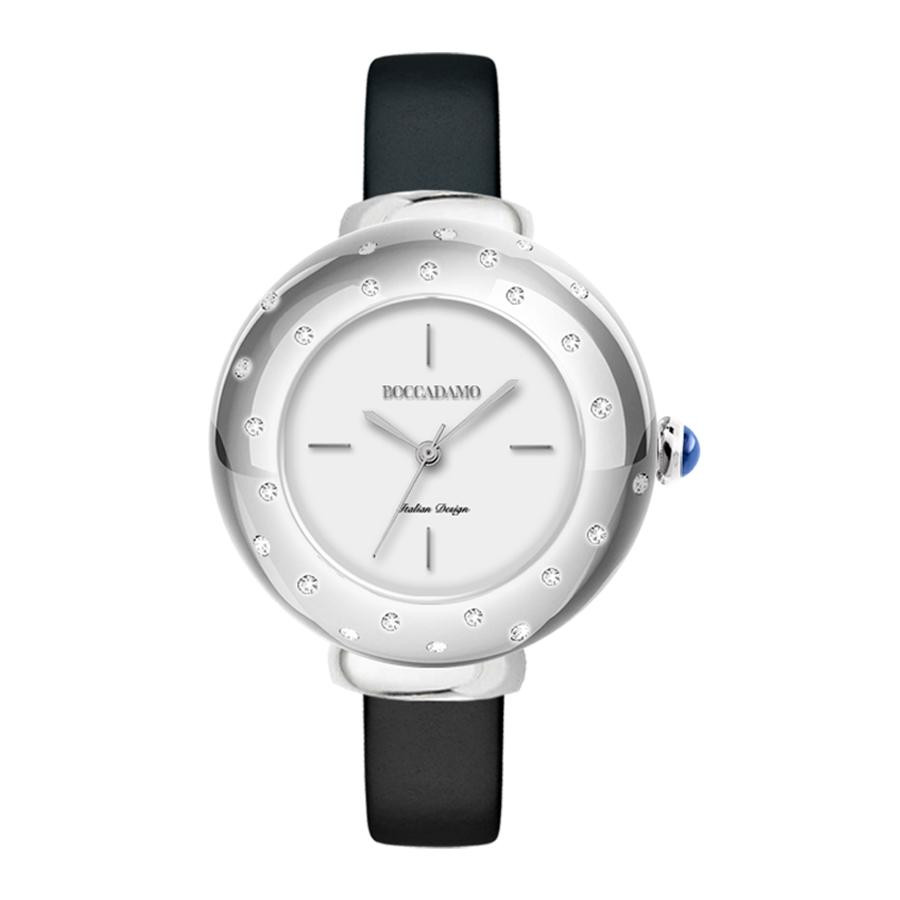 Orologio Boccadamo donna con cristalli, corona cabochon e cinturino in pelle nero DM009
