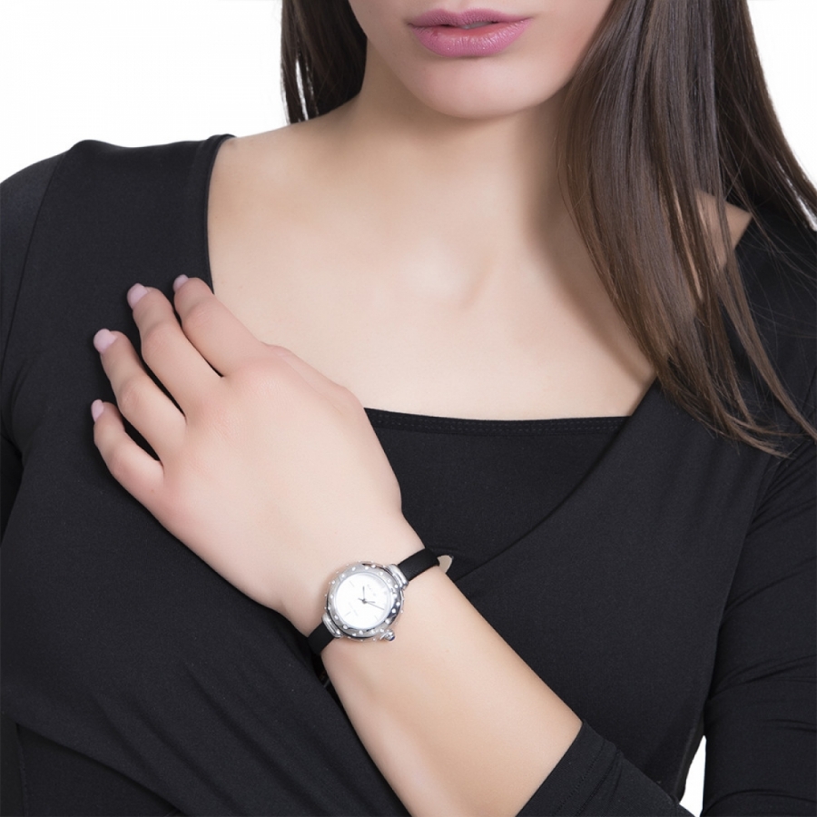 Orologio Boccadamo donna con cristalli, corona cabochon e cinturino in pelle nero DM009