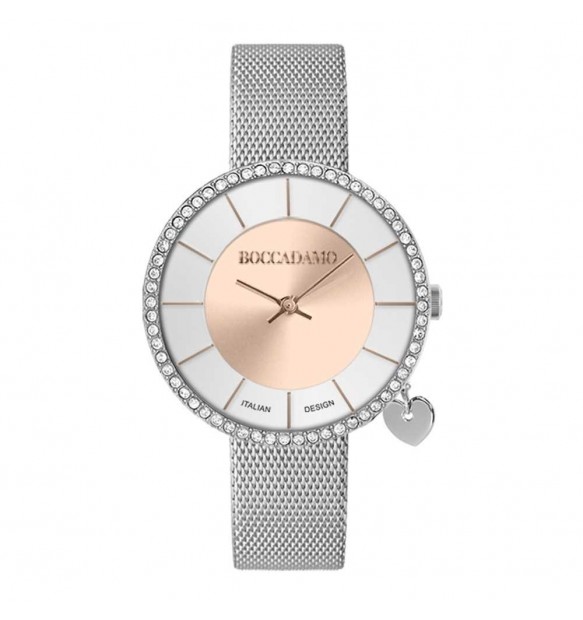 Orologio Boccadamo donna con cristalli Swarovski, charm laterale e cinturuno maglia mesh silver MY033