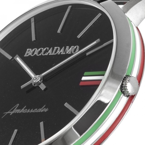 Orologio Boccadamo serie Ambassador con cinturino in pelle, quadrante nero e tricolore