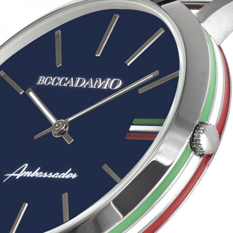 Orologio Boccadamo serie Ambassador con cinturino mesh silver, quadrante blu e tricolore
