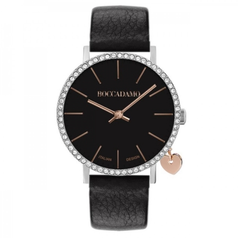 Orologio Boccadamo serie Mya con cinturino in pelle nera, cassa in Swarovski e charm laterale