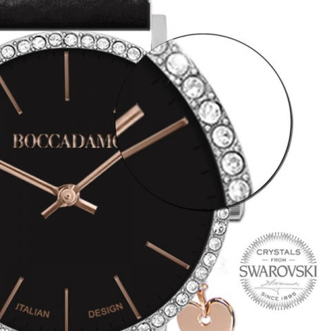 Orologio Boccadamo serie Mya con cinturino in pelle nera, cassa in Swarovski e charm laterale