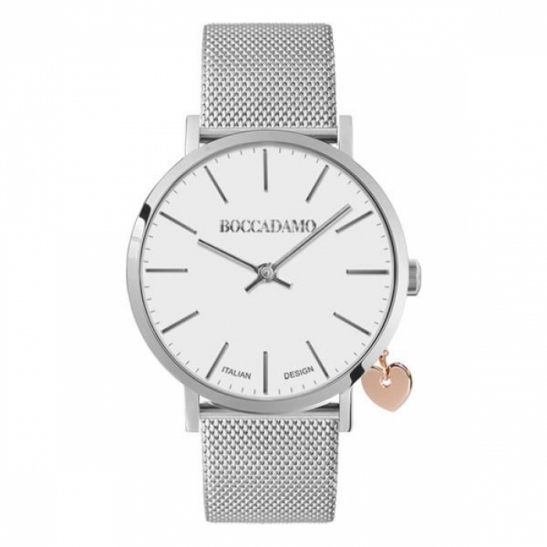 Orologio Boccadamo serie Mya con quadrante bianco, cassa silver e charm rosato laterale