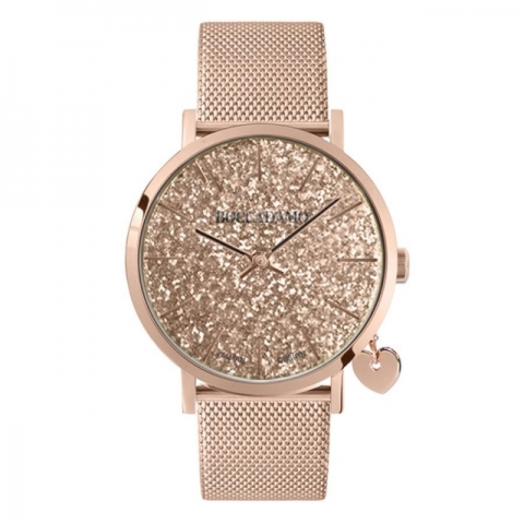 Orologio Boccadamo serie Mya con quadrante in glitter rosato, cinturino maglia Milano e charm laterale