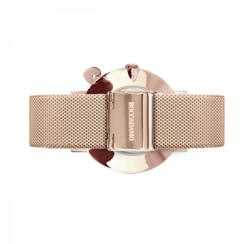 Orologio Boccadamo serie Mya con quadrante in glitter rosato, cinturino maglia Milano e charm laterale
