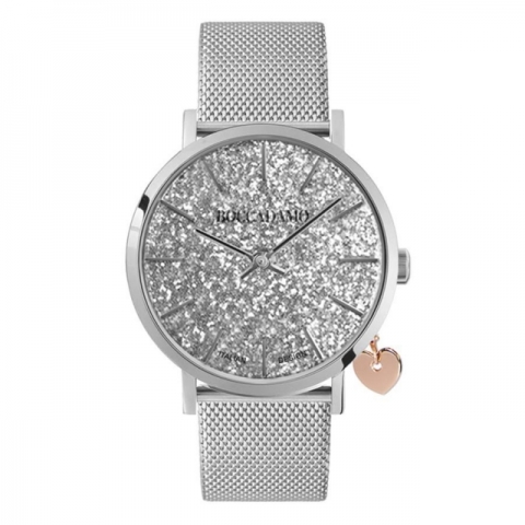 Orologio Boccadamo serie Mya con quadrante in glitter silver, cinturino maglia Milano e charm rosato laterale