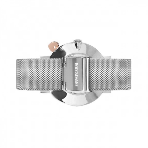 Orologio Boccadamo serie Mya con quadrante in glitter silver, cinturino maglia Milano e charm rosato laterale