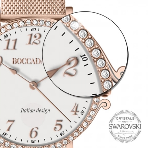 Orologio Boccadamo serie Princess con cinturino maglia Milano rose gold, quadrante bianco e ghiera di Swarovski