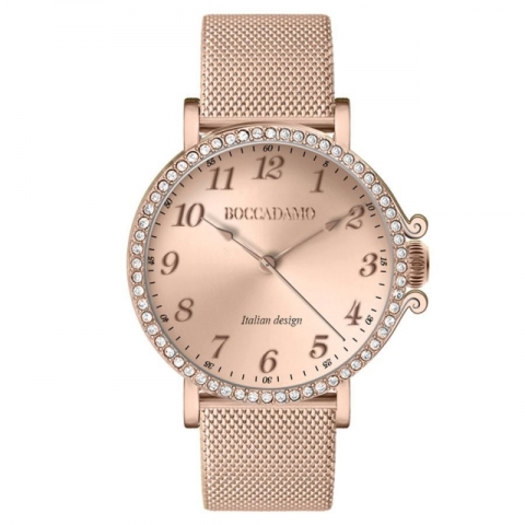 Orologio Boccadamo serie Princess con cinturino maglia Milano rose gold, quadrante rose gold e ghiera di Swarovski