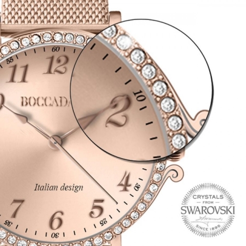Orologio Boccadamo serie Princess con cinturino maglia Milano rose gold, quadrante rose gold e ghiera di Swarovski