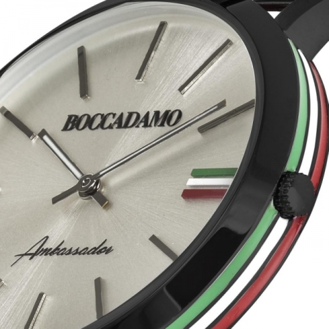 Orologio Boccadamo Uomo serie Ambassador con cinturino mesh nera, quadrante silver e tricolore