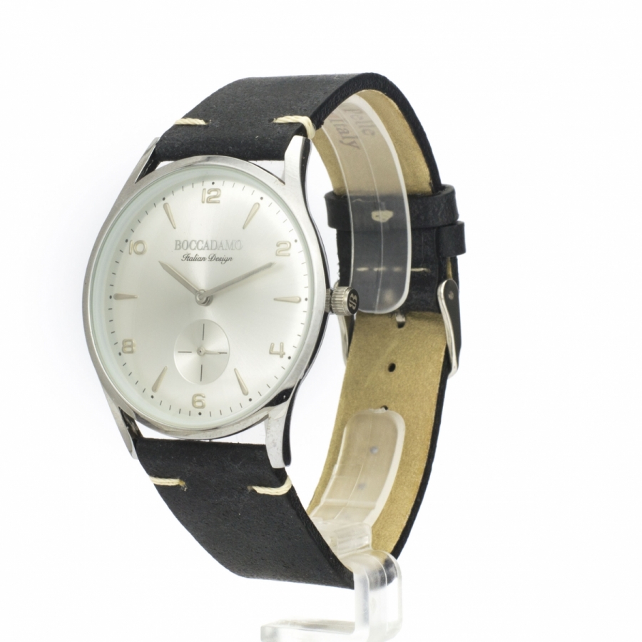Orologio Boccadamo vintage con contasecondi e cinturino in pelle nera effetto invecchiato WA009