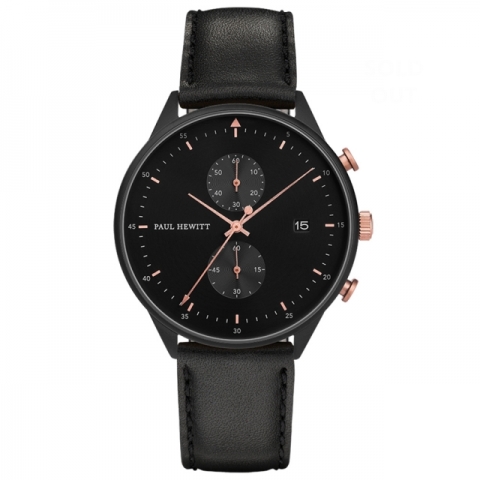 Orologio Paul Hewitt Chrono Line IP Nero/Oro Rosa quadrante Black Sunray Cinturino Pelle Nero