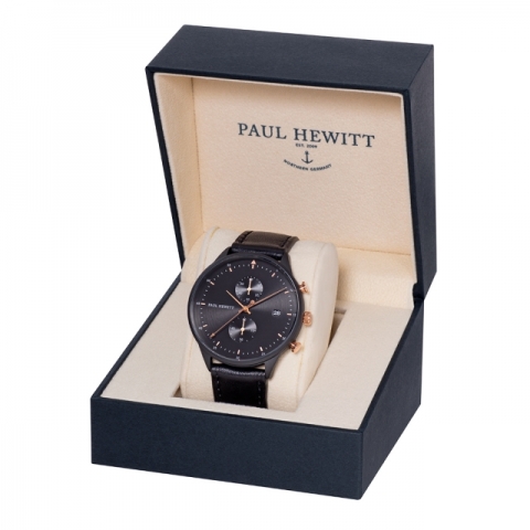 Orologio Paul Hewitt Chrono Line IP Nero/Oro Rosa quadrante Black Sunray Cinturino Pelle Nero