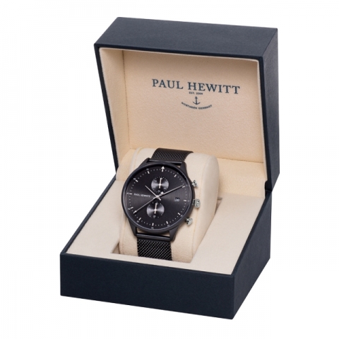 Orologio Paul Hewitt Chrono Line IP Nero quadrante Black Sunray Cinturino Metallo Nero