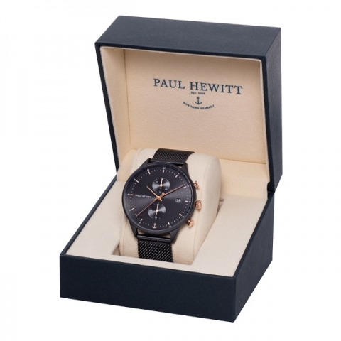 Orologio Paul Hewitt Chrono Line IP Nero quadrante Black Sunray Cinturino Metallo Nero