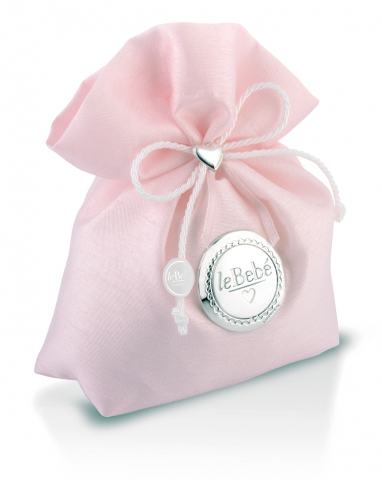 Sacchetto bimba in seta rosa con placca in argento e 5 confetti