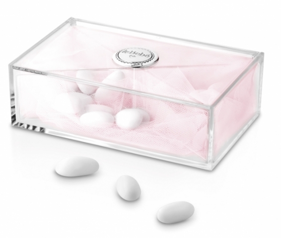 Scatola degustazione femminuccia in plexiglass con placca argento e 350 gr. di confetti