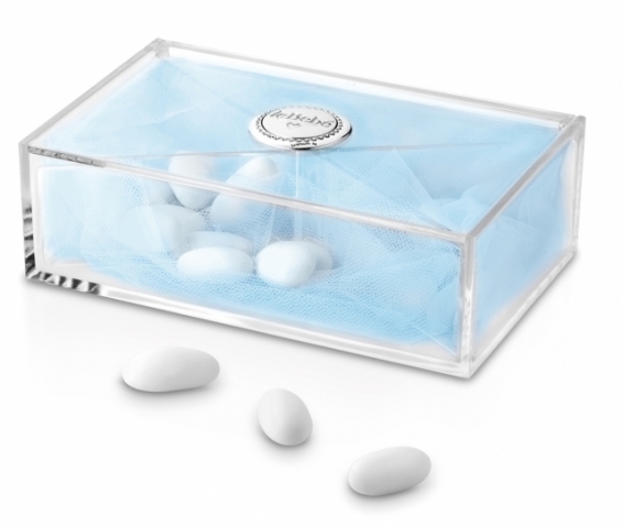 Scatola degustazione maschietto in plexiglass con placca argento e 350 gr. di confetti