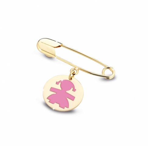 Le Bebè - 9k Yellow Gold safety pin with girl
